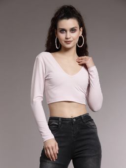 KASSUALLY - Casual Textured Women Pink Crop Top
