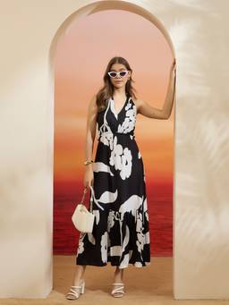 Divena - Women Black Floral Viscose Rayon Dress