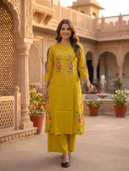 FASHOR - Women Yellow Floral Muslin Silk Kurta with Pant