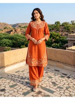 Seerat - Women Rust Embroidered Chanderi Silk Kurta with Pant