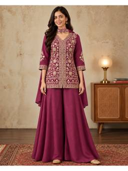 Seerat - Women Wine Embroidered Silk Kurta and Pant with Dupatta