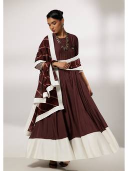 KALKI FASHION - Women Wine Colorblock Silk Anarkali Kurta and Pant with Dupatta