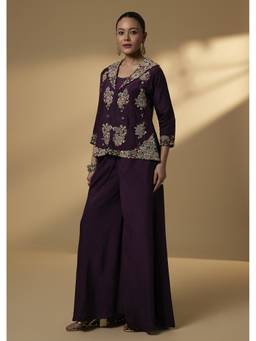 KALKI FASHION - Women Black Embroidered Silk Jacket and Croptop with Palazzo