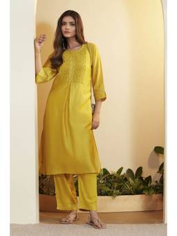 Biba - Women Yellow Embroidered Cotton Blend Kurta and Pant with Inner