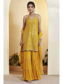Biba - Women Yellow Embellished/Sequined Viscose Kurta and Sharara with Dupatta