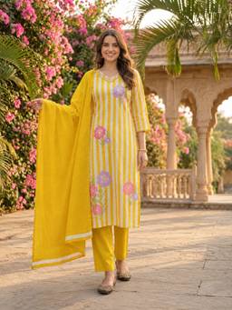 FASHOR - Women Yellow Embroidered Cotton Kurta and Pant with Dupatta