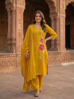 FASHOR - Women Yellow Floral Silk Kurta and Pant with Dupatta