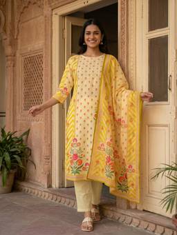 FASHOR - Women Yellow Floral Cotton Kurta and Pant with Dupatta
