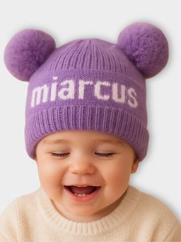 Mi Arcus - Kids Purple Knitted Text Pattern Pom Pom Cap