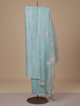 LABEL KALASHREE - Aqua Blue Pure Linen Organza Unstitched Dress Material (Set of 3)