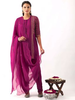 NEMAANI - Magenta Pink Yoke And Sleeve Embroidered Kurta with Salwar Pant and Dupatta (Set of 3)