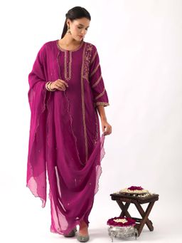 NEMAANI - Magenta Pink Dori Embroidered Kurta with Dhoti Pant and Dupatta (Set of 3)