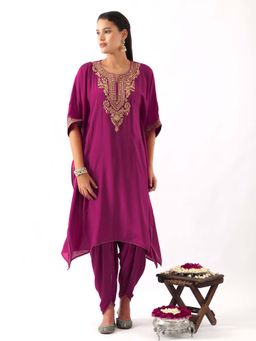 NEMAANI - Magenta Pink Neck Embroidered Kaftan with Dhoti Pant (Set of 2)