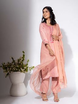 NEMAANI - Pink Neckline Embroidered Kurta with Pant and Dupatta (Set of 3)