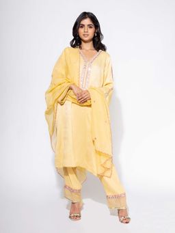 NEMAANI - Yellow Embroidered Sleeve Kurta with Pant and Dupatta (Set of 3)