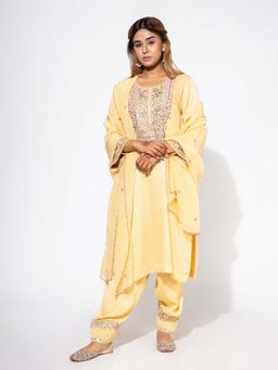 NEMAANI - Yellow Embroidered Yoke Kurta with Salwar Pant and Dupatta (Set of 3)