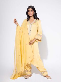 NEMAANI - Yellow Side Boota Embroidered Kurta with Salwar Pant and Dupatta (Set of 3)