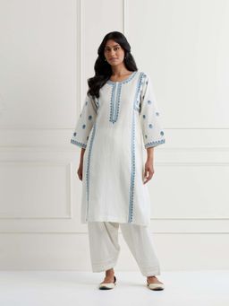 NEMAANI - Off White Embroidered Aline Kurta with Salwar Pant (Set of 2)