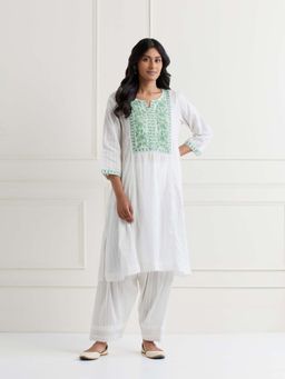 NEMAANI - White Embroidered Kurta with Salwar Pant (Set of 2)