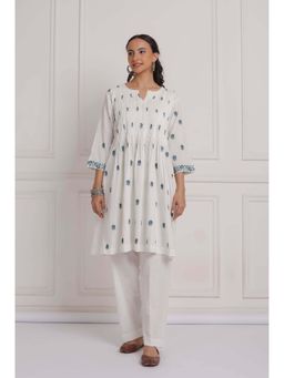 NEMAANI - Off White Embroidered Cotton Anarkali Kurta with Pant (Set of 2)