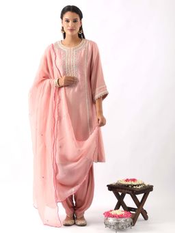 NEMAANI - Blush Pink Embroidered A-Line Kurta with Salwar Pant and Dupatta (Set of 3)