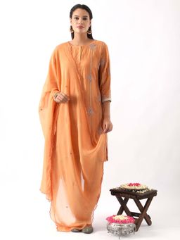 NEMAANI - Orange Embroidered Kurta with Dhoti Pant and Dupatta (Set of 3)