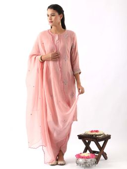 NEMAANI - Blush Pink Embroidered Kurta with Dhoti Pant and Dupatta (Set of 3)