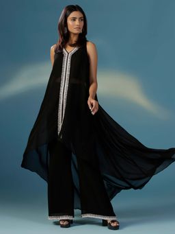 "Two Sisters" by Gyans - Black Halter Georgette Hand Embroidery Cut Daba Co-Ord (Set of 2)