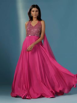 "Two Sisters" by Gyans - Hot Pink Halter Mirrorwork Anarkali Gown with Attached Dupatta