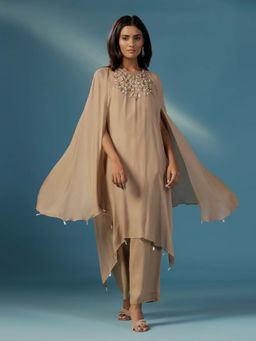 "Two Sisters" by Gyans - Golden Shimmer Georgette Cape Nakshi Zardozi Kurta with Pant (Set of 2)