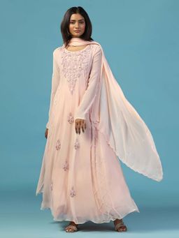 "Two Sisters" by Gyans - Pink Georgette Anarkali Kurta With Churidar Pant and Dupatta (Set of 3)