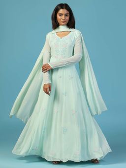 "Two Sisters" by Gyans - Soft Blue Anarkali Kurta With Churidar Pant and Dupatta (Set of 3)