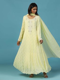 "Two Sisters" by Gyans - Lemon Yellow Anarkali Kurta With Churidar Pant and Dupatta (Set of 3)