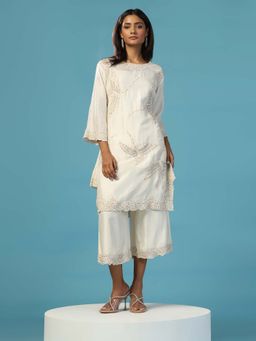 "Two Sisters" by Gyans - White Cotton Chanderi Hand Embroidered Flying Birds Co-Ord (Set of 2)