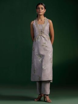 "Two Sisters" by Gyans - Grey Jute Cotton Kurta With Pant And Golden Zardozi Jacket (Set of 3)