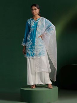 "Two Sisters" by Gyans - Blue Silk White Satin Kurta with Palazzo and Organza Dupatta (Set of 3)