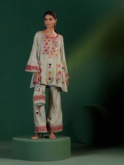 "Two Sisters" by Gyans - The Banjara Grey Co-Mirror Thread Zari Embroidery Co-Ord (Set of 3)