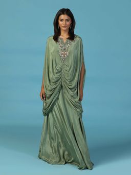 "Two Sisters" by Gyans - Green Draped Kaftan Gown With Embroidered Yoke