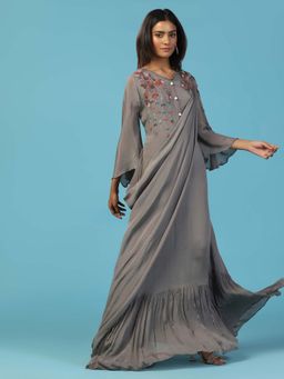 "Two Sisters" by Gyans - Grey Chiffon Bell Sleeves Multi Resham Embroidered Yoke Draped Gown