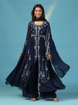 "Two Sisters" by Gyans - Navy Blue Georgette Anarkali Kurta with Palazzo and Dupatta (Set of 3)