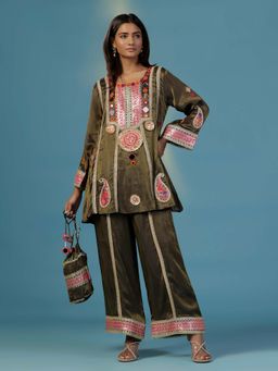 "Two Sisters" by Gyans - The Banjara Coca Cola Tissue Mirror Thread Embroidery Co-Ord (Set of 3)