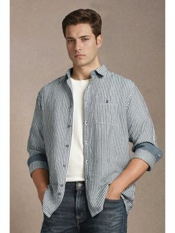Louis Philippe - Blue Slim Fit Stripe Full Sleeves Shirt