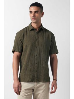 Van Heusen - Olive Relaxed Fit Textured Half Sleeves Shirt