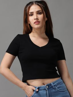 SHOWOFF - Womens V-neck Black Fitted Regular Top