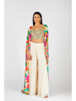 Basanti Kapde aur Koffee - Womens Printed Multi-Color Cape with Crop Top and Sharara (Set of 3)