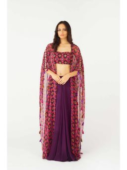 Basanti Kapde aur Koffee - Womens Printed Purple Bustier with Sharara, Cape (Set of 3)