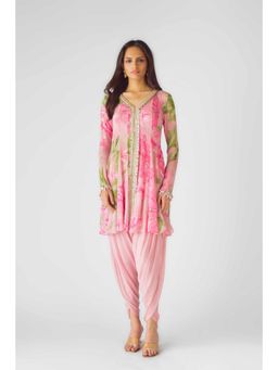 Basanti Kapde aur Koffee - Womens Floral Pink Kurti with Dhoti Pant (Set of 2)