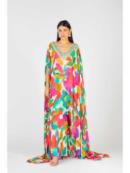 Basanti Kapde aur Koffee - Womens Printed Multi-Color Bustier with Kaftan and Sharara (Set of 3)