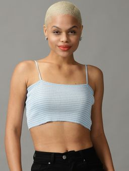 SHOWOFF - Womens Shoulder Straps Neck Fitted Striped Blue Crop Top
