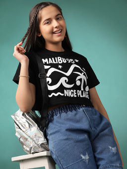 Lil Tomatoes - Girls Typography Cotton Crop Top - Black